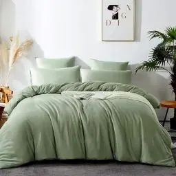 Produktbild: Omela Bettwäsche 135x200 Grün Salbeigrün 2 Teilig Microfaser Unifarben Bettbezug Weich und Bequem Bettwäsche Set Reißverschluss - 135 x 200 + 80 x 80 cm