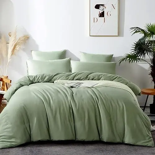 Produktbild: Omela Bettwäsche 135x200 Grün Salbeigrün 2 Teilig Microfaser Unifarben Bettbezug Weich und Bequem Bettwäsche Set Reißverschluss - 135 x 200 + 80 x 80 cm