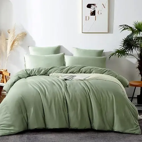 Produktbild: Omela Bettwäsche 135x200 Grün Salbeigrün 2 Teilig Microfaser Unifarben Bettbezug Weich und Bequem Bettwäsche Set Reißverschluss - 135 x 200 + 80 x 80 cm