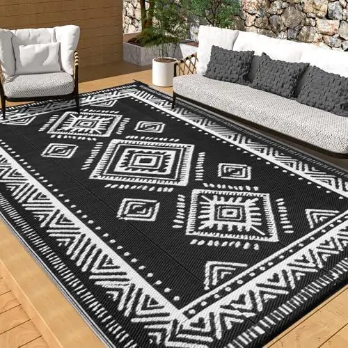 Produktbild: OMERAI Outdoor Teppich Wetterfest Garten Balkon Teppiche Terrasse Wasserdicht Leichtgewicht Reversible Outdoor UV Beständig Camping Teppich Einfache Reinigung Garten Matte, Schwarz 150X240CM