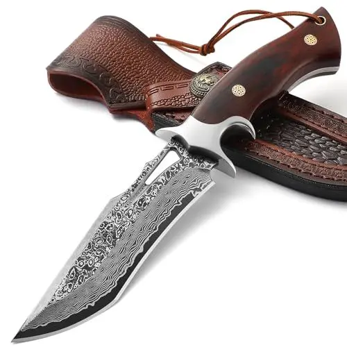 Produktbild: Omesio Damast Jagdmesser Hochwertiges Damaststahl Survival Messer Outdoor Damastmesser mit Scheide, Japanischer Stil, Holzhriff
