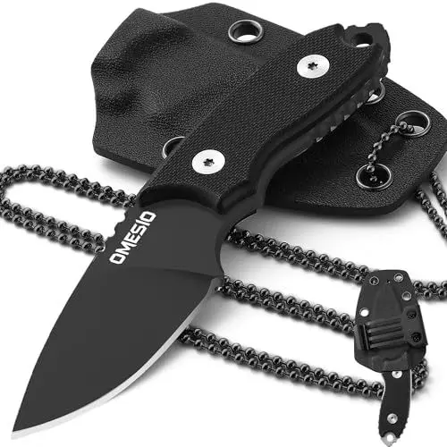 Produktbild: Omesio EDC Neck Knife - Kompaktes und Robustes EDC Messer, mit Kydex-Scheide und Clip D2-FULLTANG Stahl und Strapazierfähigem G10-Griff - Perfekt für Camping und Outdoor-Abenteuer (Schwarz)