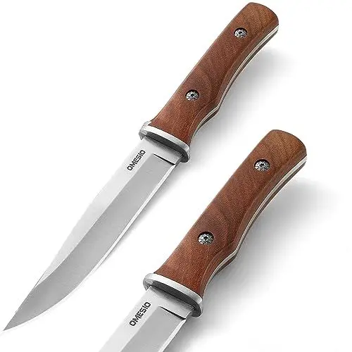 Produktbild: Omesio Messer Outdoor Survival Messer Jagdmesser Outdoor Messer mit Leder Scheide, Scharfes Bushcraft Messer Survival Camping Robust, Holzgriff