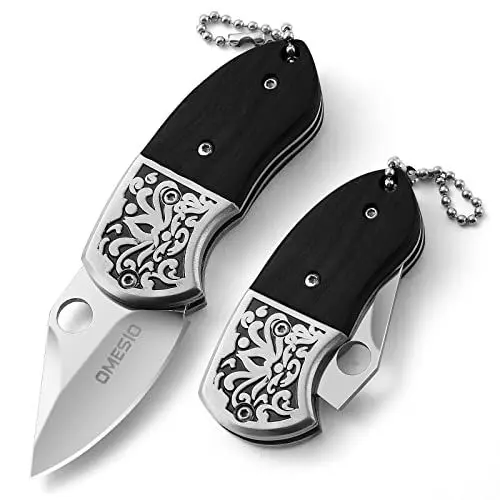 Produktbild: Omesio Mini Taschenmesser Schlüsselanhänger Zweihand Klappmesser Klein scharfes Schlüssel Messer, Holzgriff (B- Gespitzt- Schwarz)