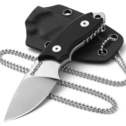 Produktbild: Omesio Neck Knife, kleines feststehendes D2 EDC Messer mit Kydexscheide und Kugelkette, Hals Messer für Outdoor (Schwarz)