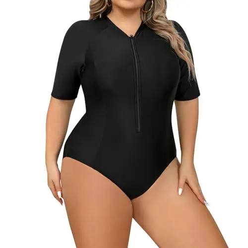 Produktbild: OMEWEE Badeanzug Gro�e Gr��en f�r Damen Bademode mit Bein f�r mollige Frauen Sexy Bikini mit Druck Schwimmanzug Badeanzug Damen Sport schwarz �rmel 4XL