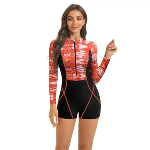 Produktbild: OMEWEE Einteiliger Rashguard f�r Damen lang�rmelig mit Marmor-Print Badeanzug Boyleg Rei�verschluss vorne Neoprenanzug Rundhalsausschnitt Badeanzug Surfurlaub Strandmode Rot XXL