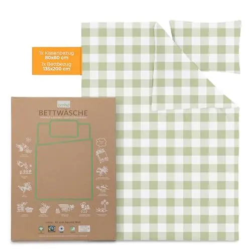 Produktbild: OMHU Renforce Bettwäsche 135x200 Baumwolle | Bettwäsche Grün/Weiß| GOTS zertifizierte Bettwäsche | Bettwäsche-Set mit 1x Bettbezug 135x200 + 1x Kissenbezug 80x80