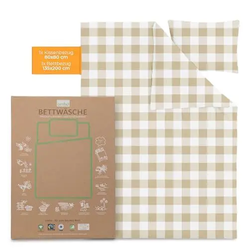 Produktbild: OMHU Renforce Bettwäsche 135x200 Braun/Weiß| | GOTS zertifizierte Bettwäsche | Bettwäsche-Set mit 1x Bettbezug 135x200 + 1x Kissenbezug 80x80