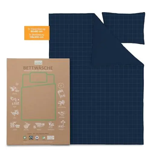 Produktbild: OMHU Satin Bettwäsche 135x200 Baumwolle | GOTS zertifizierte Bettwäsche dunkelblau | Kuschelige Bettwäsche aus Bio-Baumwolle | Bettwäsche-Set mit 1x Bettbezug 135x200 + 1x Satin Kissenbezug 80x80