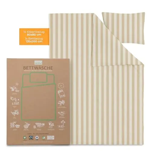 Produktbild: OMHU Satin Bettwäsche 135x200 Braun/Weiß | GOTS zertifizierte Bettwäsche | Kuschelige Bettwäsche aus Bio-Baumwolle | Bettwäsche-Set mit 1x Bettbezug 135x200 + 1x Satin Kissenbezug 80x80