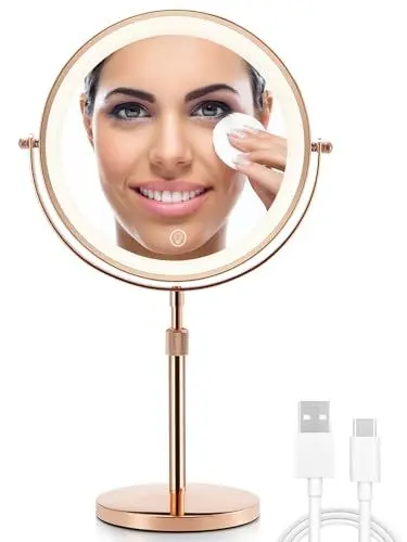Produktbild: OMIRO 3X/10X Vergrößerungs Make-up Spiegel mit Lichtern, 21 cm Doppelseitiger Schwenkbarer Kosmetikspiegel mit Höhenverstellbarem Ständer (Roségold)