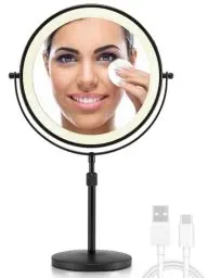 Produktbild: OMIRO 3X/10X Vergrößerungs Make-up Spiegel mit Lichtern, 8,5 Zoll doppelseitiger schwenkbarer Kosmetikspiegel mit höhenverstellbarem Ständer (Schwarz)