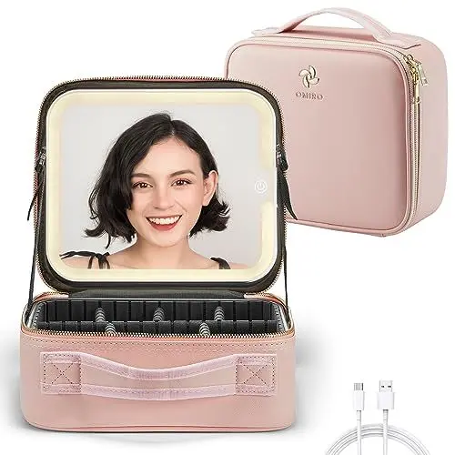 Produktbild: OMIRO LED Kosmetiktasche - Professionelle Make up Tasche mit beleuchtetem Spiegel - kompakt und praktisch für unterwegs (Rosa)