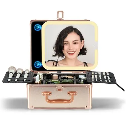 Produktbild: OMIRO Make Up Box mit Beleuchtetem Spiegel, Kosmetikkoffer mit Abnehmbarem Magnetspiegel (Roségold)