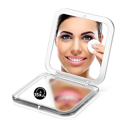 Produktbild: OMIRO Taschenspiegel mit Vergrößerung, 1-fache/15-fache Vergrößerung, Kleiner Reise-Spiegel für Handtaschen, quadratisch, 8,9 cm (Silber)