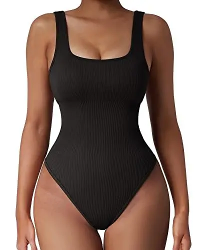 Produktbild: OMKAGI Bodysuit Ribbed Shapewear Damen Bauchweg Stark Formend Sculpting Sleeveless Seamless Yoga Jumpsuit Thong Bodysuits Figure Shaping Body Shape(M, Schwarz-02)