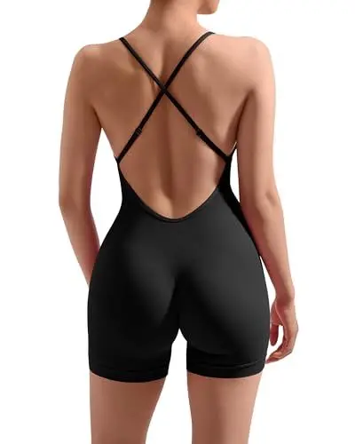 Produktbild: OMKAGI Seamless Spaghetti Strap Jumpsuit Damen Kurz Abdominal Control Overall Bauchweg Yoga Romper Sport Einteiler Workout Bodycon Playsuits(S,#1 Schwarz)