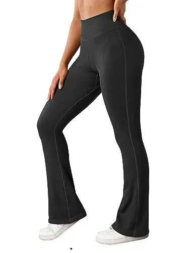 Produktbild: OMKAGI Women's Flared Yoga Trousers, Bootcut Yogahose Damen, High Waist Seamless Gerippt Flare Leggings Push Up Long Sports Trousers(M,Schwarz)