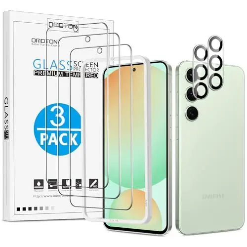 Produktbild: OMOTON 3 Stück Schutzfolie für Samsung Galaxy S24 FE Panzer Schutz Glas und 2 Stück Samsung S24 FE Kameraschutz, mit Positionierhilfe, Fingerabdruck-ID Unterstützen, 9H Härte Displayschutz