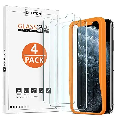 Produktbild: OMOTON Panzer Schutz Glas für iPhone 11 Pro/iPhone XS/iPhone X. Mit Positionierhilfe (9H Härte), (Anti-Kratzen), (Anti-Öl), (Anti-Bläschen), 4 Stück