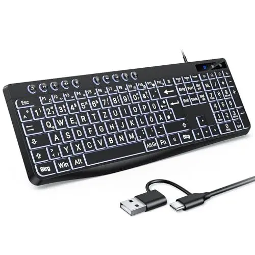 Produktbild: OMOTON Beleuchtete Tastatur Kabel PC Tastatur, QWERTZ Weiß Beleuchtet mit großem Druck, 2 in 1 USB A/C- Für Senioren, Kinder, Sehbehinderte für Windows mit Multimedia-Tasten(Schwarz)
