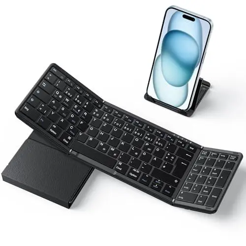 Produktbild: OMOTON Faltbare Tastatur,Bluetooth Tastatur in Voller Größe mit Ziffernblock, Multi-Device und Wiederaufladbar, Tragbare Kabellose Tastatur mit 3 Kanäle für Windows/iOS/Android/Mac