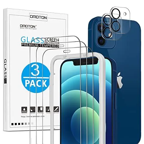 Produktbild: OMOTON für iPhone 12 Schutzfolie mit Rahmen-Installationshilfe, kompatibel mit iPhone 12 Kamera Glasfolie, (3+2 Stück), (Anti- Kratzer), (Bläschenfrei), (9H Härte), (HD-Klar)