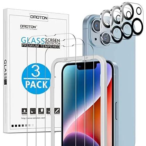 Produktbild: OMOTON für iPhone 14 Panzer Schutz Glas mit Rahmen-Installationshilfe, kompatibel mit iPhone 14 Kamera Schutzfolie, 3+3 Stück, Anti- Kratzer, Bläschenfrei, 9H Härte, HD-Klar