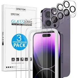 Produktbild: OMOTON für iPhone 14 Pro Max Panzer Schutz Glas mit Rahmen-Installationshilfe, kompatibel mit Kamera Schutzfolie, 3+3 Stück, Anti-Kratzer, Bläschenfrei, 9H Härte, HD-Klar