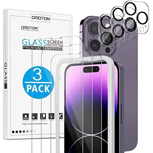 Produktbild: OMOTON für iPhone 14 Pro Max Panzer Schutz Glas mit Rahmen-Installationshilfe, kompatibel mit Kamera Schutzfolie, 3+3 Stück, Anti-Kratzer, Bläschenfrei, 9H Härte, HD-Klar