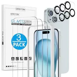 Produktbild: OMOTON für iPhone 15 Panzer Schutz Glas mit Rahmen-Installationshilfe, kompatibel mit iPhone 15 Kamera Schutzfolie, 3+3 Stück, Anti- Kratzer, Bläschenfrei, 9H Härte, HD-Klar