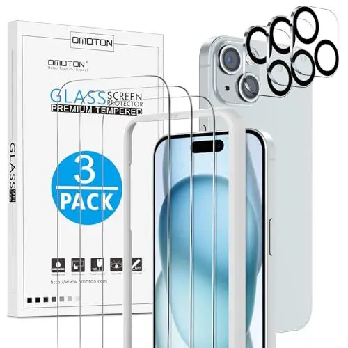 Produktbild: OMOTON für iPhone 15 Panzer Schutz Glas mit Rahmen-Installationshilfe, kompatibel mit iPhone 15 Kamera Schutzfolie, 3+3 Stück, Anti- Kratzer, Bläschenfrei, 9H Härte, HD-Klar