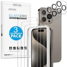 Produktbild: OMOTON für iPhone 15 Pro Panzer Schutz Glas mit Rahmen-Installationshilfe, kompatibel mit iPhone 15 Pro Kamera Schutzfolie, 3+3 Stück, Anti- Kratzer, Bläschenfrei, 9H Härte, HD-Klar