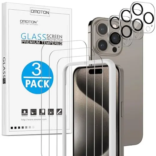 Produktbild: OMOTON für iPhone 15 Pro Panzer Schutz Glas mit Rahmen-Installationshilfe, kompatibel mit iPhone 15 Pro Kamera Schutzfolie, 3+3 Stück, Anti- Kratzer, Bläschenfrei, 9H Härte, HD-Klar