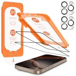Produktbild: OMOTON für iPhone 16 Pro Max für Panzerglas, Auto-Installation, kompatibel mit iPhone 16 Pro Max Kameraschutz, 2+2 Stück, Bläschenfrei, 9H Härte Folie, 6,9 Zoll