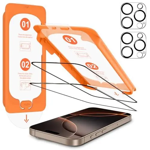 Produktbild: OMOTON für iPhone 16 Pro Max für Panzerglas, Auto-Installation, kompatibel mit iPhone 16 Pro Max Kameraschutz, 2+2 Stück, Bläschenfrei, 9H Härte Folie, 6,9 Zoll