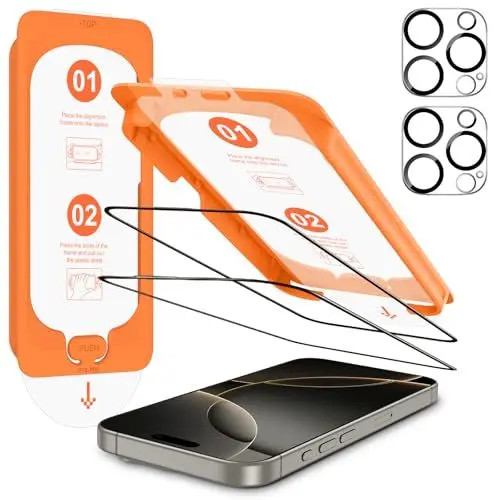 Produktbild: OMOTON für iPhone 16 Pro für Panzerglas, kompatibel mit iPhone 16 Pro Kameraschutz, Full Screen Auto-Installation, Präzise Ausrichtung, Bläschenfrei, 9H Härte Folie, 2+2 Stück