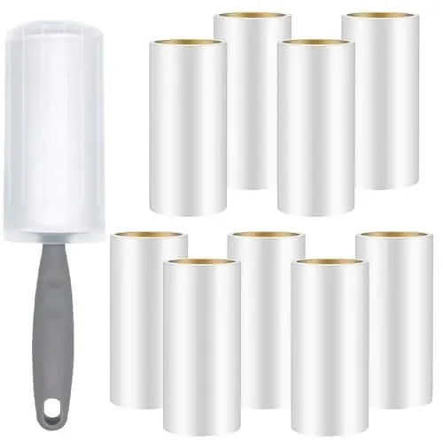 Produktbild: Omtofo 9 Rollen 540 Blatt Fusselrolle mit 1 Staubschutzhüllen + 1 Abroller, Extra Klebrig Lint Roller, Fusselrolle Tierhaare, Fusselroller für Kleidung, Haare, Sofa, Bett, Katzenhaare, Hundehaare