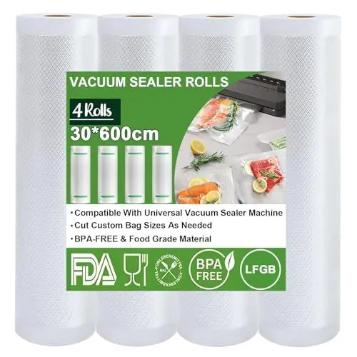 Produktbild: Omtofo Vakuumierbeutel 4 Rollen Vakuumierfolie, 30 x 600cm Vakuumbeutel Lebensmittel, BPA-frei, reißfest, 150µm, Vakumierfolienrolle für alle Vakuumierer, Mikrowellen and Sous Vide