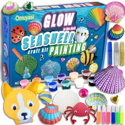 Produktbild: Omuyasi Nachtleuchtendes Muscheln Bemalen Basteln, Bastelset Kinder ab 4 6 8 10 Jahre, Kreativ Malset Selber Basteln Mädchen, Muscheln zum Basteln, Kindergeburtstag Basteln Geschenke