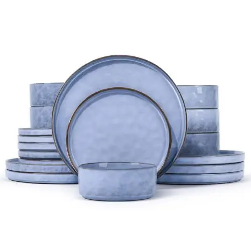 Produktbild: Geschirrset, Onader 18 Teiliges Steinzeug Tafelservice Set, Müslischalen, Speiseteller und Dessertteller Set für 6 Personen, Spülmaschinenfest und Anti-Kratzer – Gelassenheit Blau