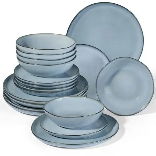 Produktbild: Onader Geschirrset 6 Personen, 18 Teiliges Tafelservice Steingut Set, Unregelmäßig Rund Müslischalen Dessertteller Speiseteller, Anti-Kratzer & Mikrowellenfest, Reaktives Neblig Blau