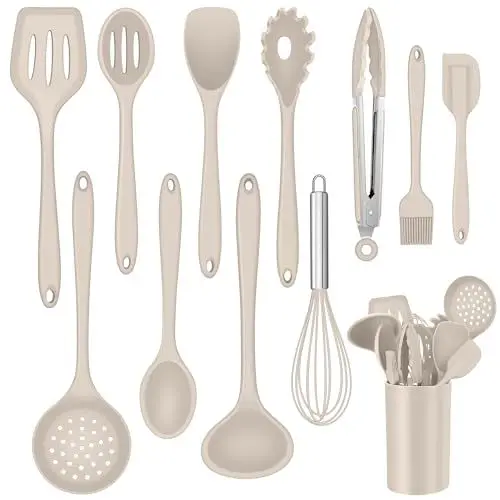 Produktbild: Onader Küchenhelfer Set, 12 teiligs Silikon Kochutensilien Kochbesteck Set, Antihaft Hitzebeständiger Kochgeschirr Küchenutensilien Set mit Utensilienhalter, Spülmaschinengeeignet - Khaki