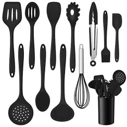 Produktbild: Onader Küchenhelfer Set, 12 teiligs Silikon Kochutensilien Kochbesteck Set, Antihaft Hitzebeständiger Kochgeschirr Küchenutensilien Set mit Utensilienhalter, Spülmaschinengeeignet - Schwarz