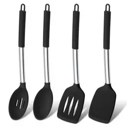 Produktbild: Küchenhelfer Set, Onader 4 Stück Silikon Pfannenwender Kochlöffel Set, Hitzebeständig Küchenutensilien Set mit Edelstahlgriff, Gesund & Spülmaschinenfest – Schwarz