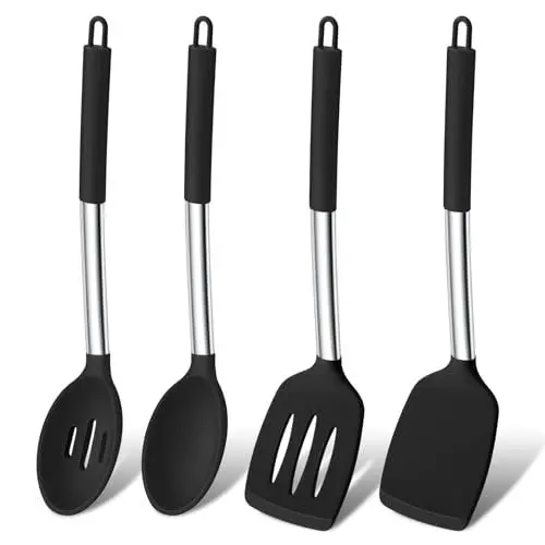 Produktbild: Küchenhelfer Set, Onader 4 Stück Silikon Pfannenwender Kochlöffel Set, Hitzebeständig Küchenutensilien Set mit Edelstahlgriff, Gesund & Spülmaschinenfest – Schwarz