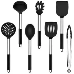 Produktbild: Onader Küchenhelfer Set, 7 Stück Silikon Küchenutensilien Kochbesteck Set mit Edelstahlgriff, Antihaft Kochutensilien Set Sicher für Kochgeschirr, Hitzebeständiger & Spülmaschinenfest, Schwarz