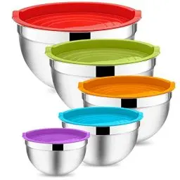 Produktbild: Onader Rührschüssel, 5-Teilig Edelstahl Salatschüssel Schüssel Set mit Luftdichtem Deckel, Perfekt für Backen/Kochen/Zubereitung, Stapelbar & Spülmaschinenfest, 4.6/2.8/1.6/1.2/0.7L - Bunt
