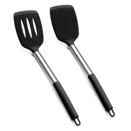 Produktbild: Onader Silikon Pfannenwender, 2 Stück Küchenhelfer Küchenutensilien mit Edelstahlgriff, Antihaft Kochgeschirr set für Kochen, Hitzebeständiger & Spülmaschinenfest - Schwarz